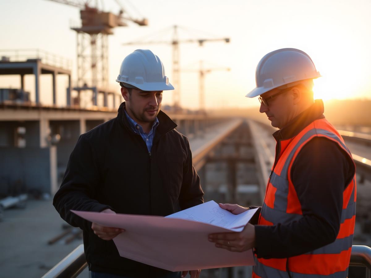 Engineers reviewing plans on an infrastructure site